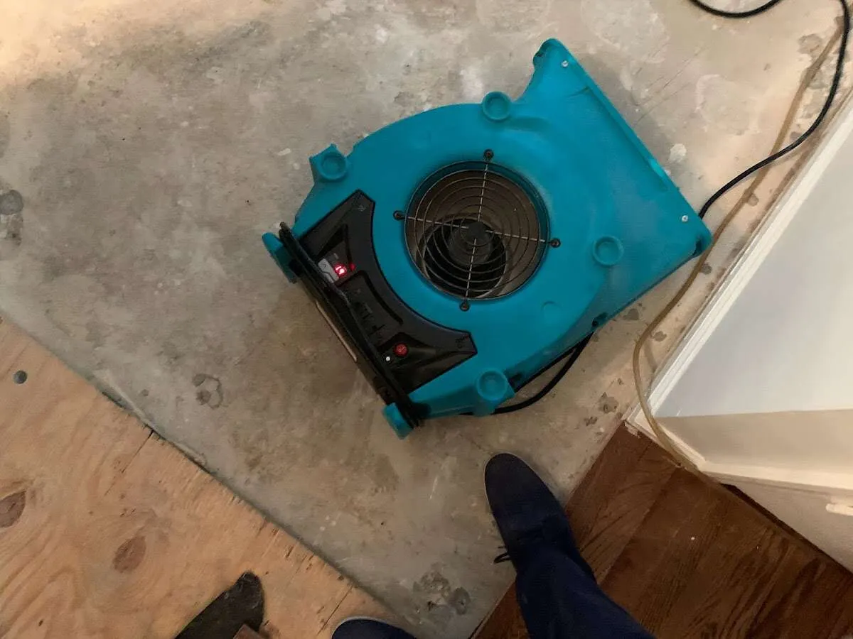 Air mover drying subfloor during Leak Detection & Repair in Grand Haven